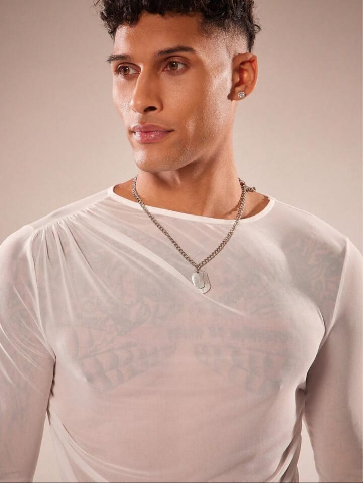 Men's Mesh Sheer Casual Asymmetrical Long Sleeve Round Neck T-Shirt